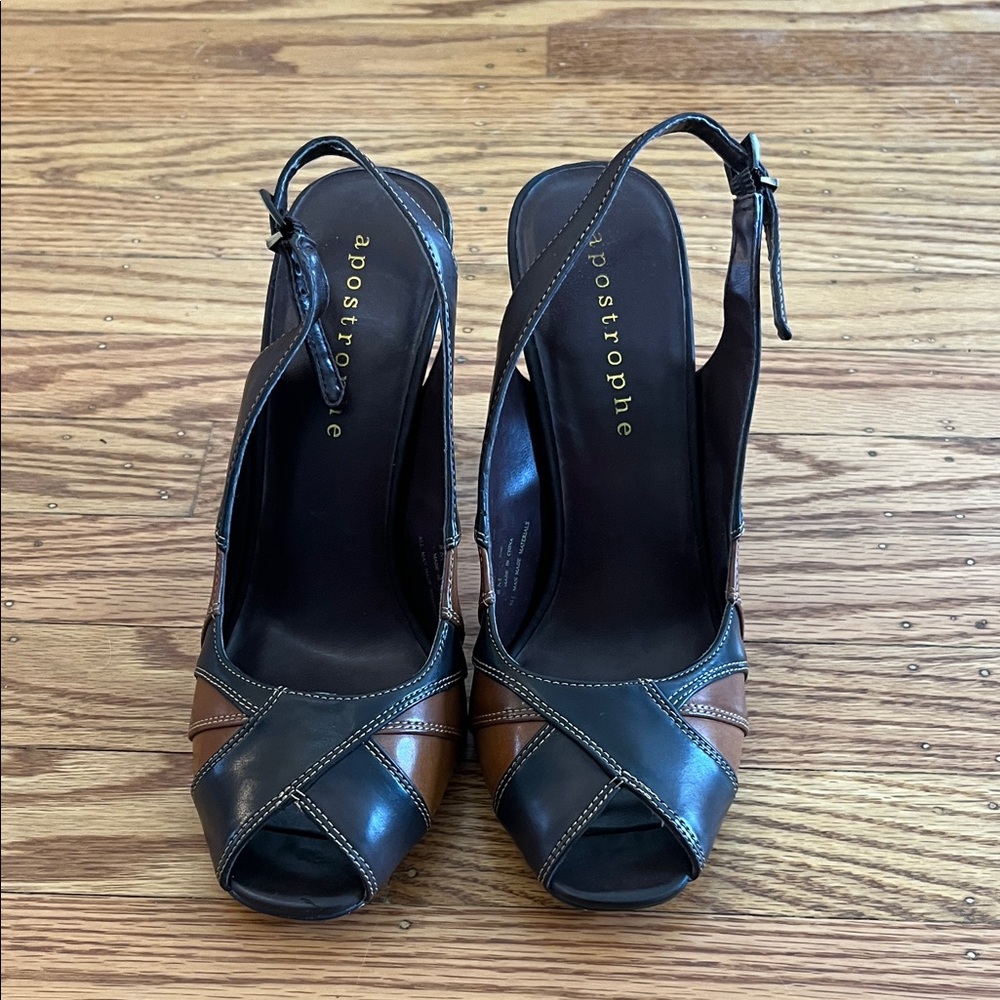 Apostrophe Ophelia Peep Toe Slingback Platform Heels Brown & Black Size 8M